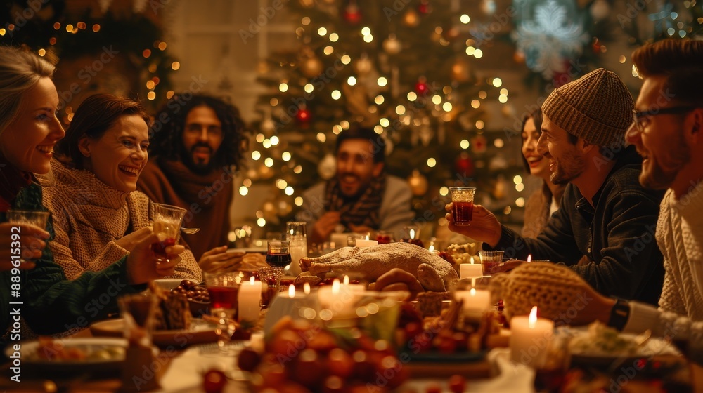 Diverse Group of Relatives and Friends Sitting Together Behind a Dining Table with Tasty Meals and Festive Decorations. Guests Telling Funny Stories, Creating a Joyful Holiday, Generative AI