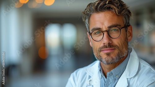 Male pharmacist in lab coat on white background portrait.