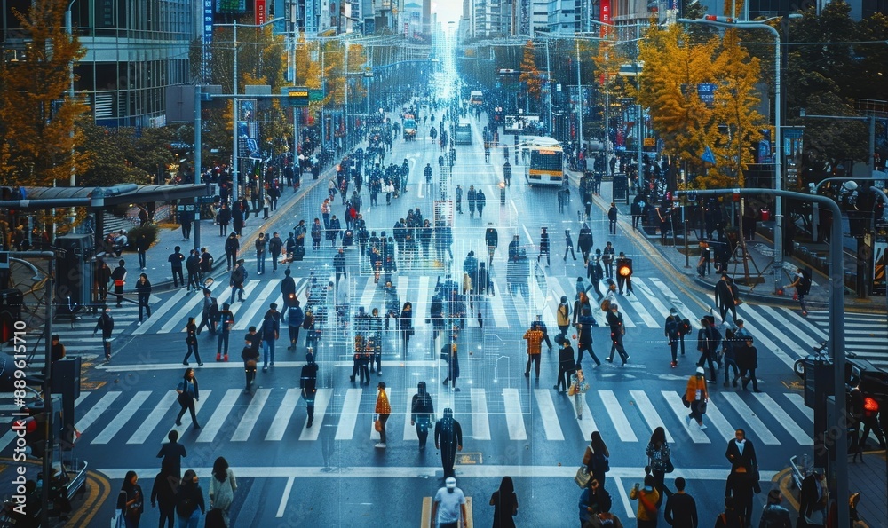 Obraz premium Elevated Security Camera Surveillance Footage of a Crowd of People Walking on Busy Urban City Streets. CCTV AI Facial Recognition Big Data Analysis Interface Scanning, Showing Personal, Generative AI