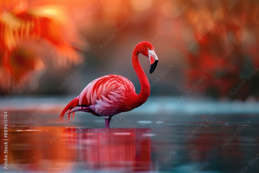 Fototapeta premium A lone pink flamingo standing in the water, its vibrant plumage and delicate reflection beautifully captured in the clear, calm pond at twilight.