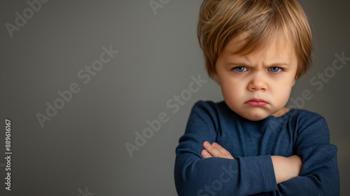 Angry little boy with his arms folded, staring at the camera with a scowl on his face, set in a modern studio. Unhappy toddler, studio shot, capturing the essence of childlike frus