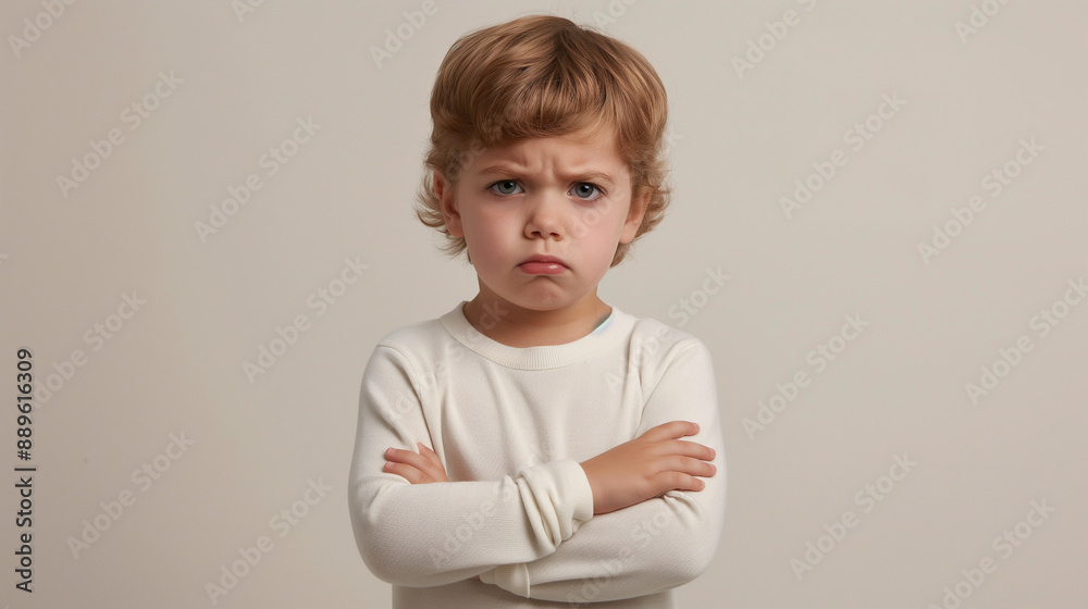 Frustrated young boy standing with arms crossed, glaring at the camera with a furious face in a professional studio. Unhappy toddler, studio shot, capturing the essence of childlik Frustrated young boy standing with arms crossed, glaring at the camera with a furious face in a professional studio. Unhappy toddler, studio shot, capturing the essence of childlik