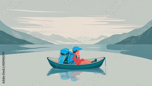 A unique digital illustration of a backpacker on the boat