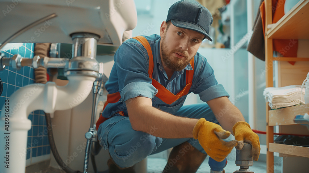 Young handsome plumber in uniform and cap, repairing the white pipes under a bathroom sink. Home service and maintenance scene, with tools and equipment spread around.