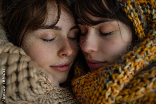 Young lesbian couple with eyes closed, snuggled together in a cozy nook, wrapped in a large knitted blanket, heads resting together in a peaceful and loving embrace.