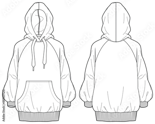 Women's Long sleeve Hoodie jacket design flat sketch Illustration, Hooded sweater jacket with front and back view cad drawing template, winter jacket for hiker, outerwear and workout in winter