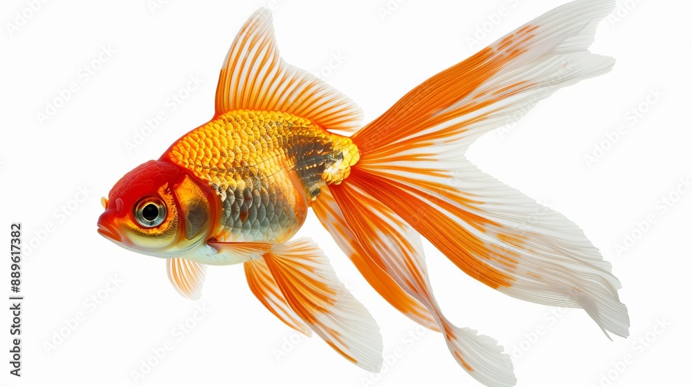 Fototapeta premium A graceful goldfish featuring orange and white fins elegantly swimming, showcasing its resplendent colors and delicate fin movements in a serene aquatic setting.
