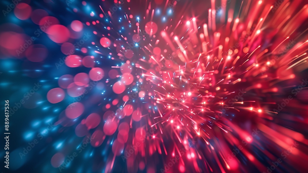 A dynamic and vibrant explosion of red and blue lights, creating a captivating abstract background with bokeh and spark effects that draw the viewer's attention. A dynamic and vibrant explosion of red and blue lights, creating a captivating abstract background with bokeh and spark effects that draw the viewer's attention.