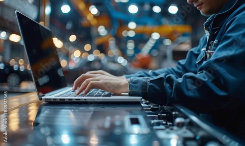Car Factory Engineer in Work Uniform Using Laptop Computer with Spreadsheet Software. Working with Software at Automotive Industrial Manufacturing Facility Dedicated for Vehicle, Generative AI