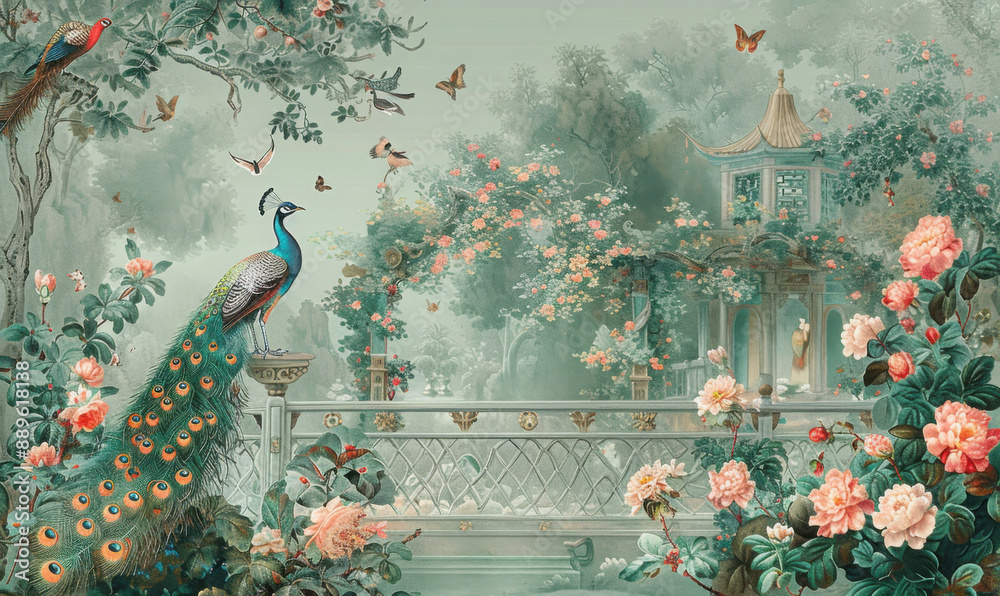 Vintage Roman mural wallpaper with garden, forest, peacock, bird, flower vase, botanical plant landscape illustration