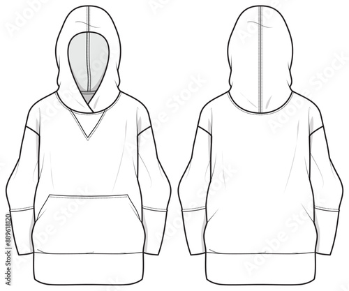 Women's Long sleeve Hoodie jacket design flat sketch Illustration, Hooded sweater jacket with front and back view cad drawing template, winter jacket for hiker, outerwear and workout in winter