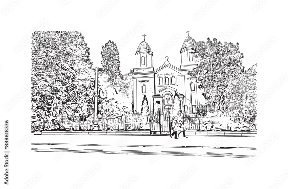 Fototapeta premium Building view with landmark of Bucharest Romanin. Hand drawn sketch illustration in vector. 