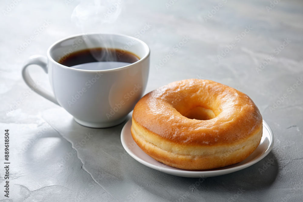 A solitary, freshly baked classic plain donut sits atop a crisp white surface beside a steaming cup of rich, bold black coffee, inviting morning indulgence. A solitary, freshly baked classic plain donut sits atop a crisp white surface beside a steaming cup of rich, bold black coffee, inviting morning indulgence.