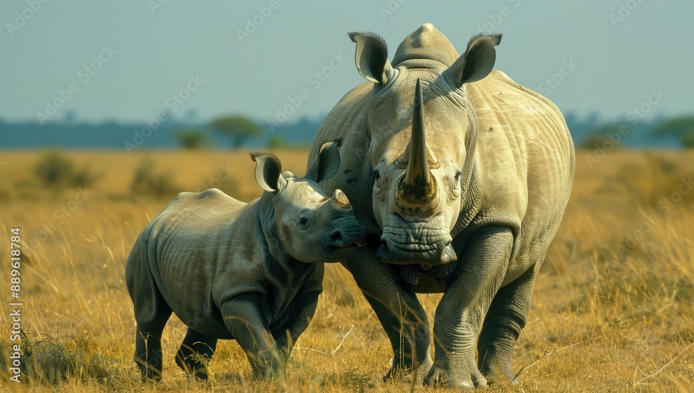 Obraz premium Photo of a rhino and its calf in the African savannah, with brown grasses underfoot. The baby is small but muscular, standing next to an adult female rhinoceros. Wildlife Photography.
