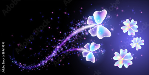 Magic butterflies and flowers with fantasy sparkle and blazing trail and glowing stars on night background