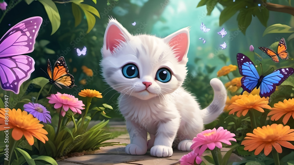 Cartoony white kitten surrounded by flowers and butterflies Cartoony white kitten surrounded by flowers and butterflies