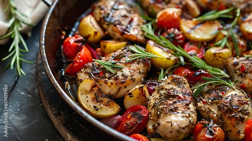 Rosemary chicken with roasted potatoes and tomatoes in a skillet photo