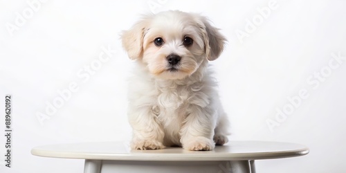 Cute White Puppy Sitting on a Table, Photography, Animal Portrait, Pet, White Background, Puppy, Dog photo