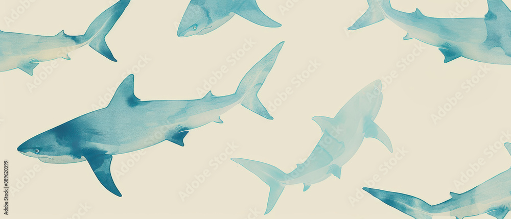 Generative AI multiple sharks pattern, in various shades of blue swimming against a light background, creating a serene underwater scene in a watercolor-like style. Generative AI multiple sharks pattern, in various shades of blue swimming against a light background, creating a serene underwater scene in a watercolor-like style.