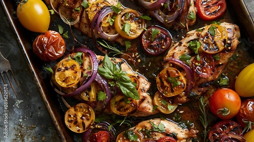 Delicious and Healthy Sheet Pan Chicken Dinner with Roasted Tomatoes and Onions photo