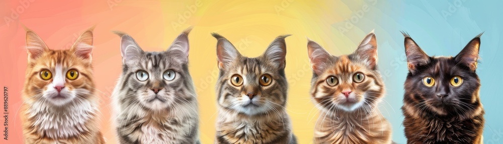 Fototapeta premium Fun facts about unique cat breeds, realistic, bright colors, digital painting, background of a stylish pet care center, engaging and entertaining