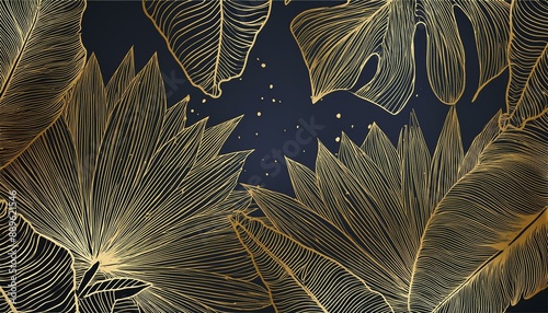 Luxury gold and nature line art ink drawing background . Tropical Leaves and Floral pattern  illustration. photo
