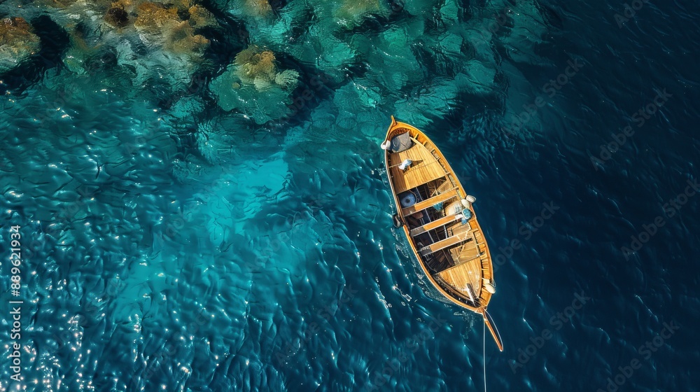 An aerial view showing a wooden boat floating calmly on turquoise waters. Coral reefs just below the surface add vibrant colors and textures to the scene. An aerial view showing a wooden boat floating calmly on turquoise waters. Coral reefs just below the surface add vibrant colors and textures to the scene.