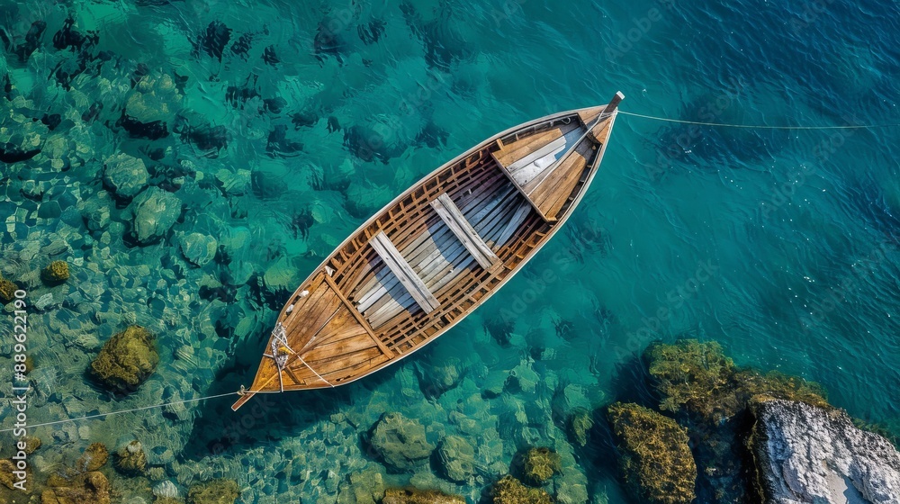 An overhead view of a wooden boat resting in shallow, crystal-clear water over a rocky seabed, highlighting the beauty and intricacy of underwater marine life. An overhead view of a wooden boat resting in shallow, crystal-clear water over a rocky seabed, highlighting the beauty and intricacy of underwater marine life.