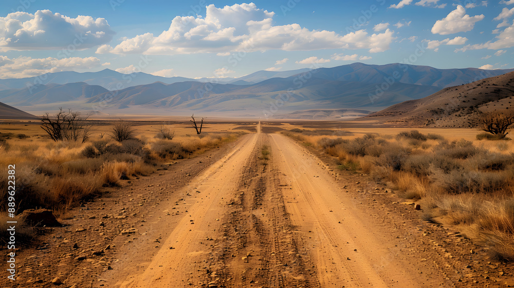 A dirt road in the desert with a clear blue sky above A dirt road in the desert with a clear blue sky above