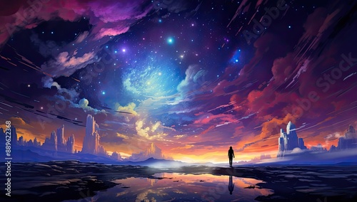 Silhouette of a person standing in front of a starry sky with vibrant clouds and a reflection in the water.