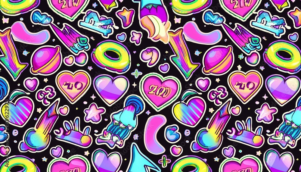 Trendy holographic Y2K sticker seamless pattern. Retro 2000s text quote ...
