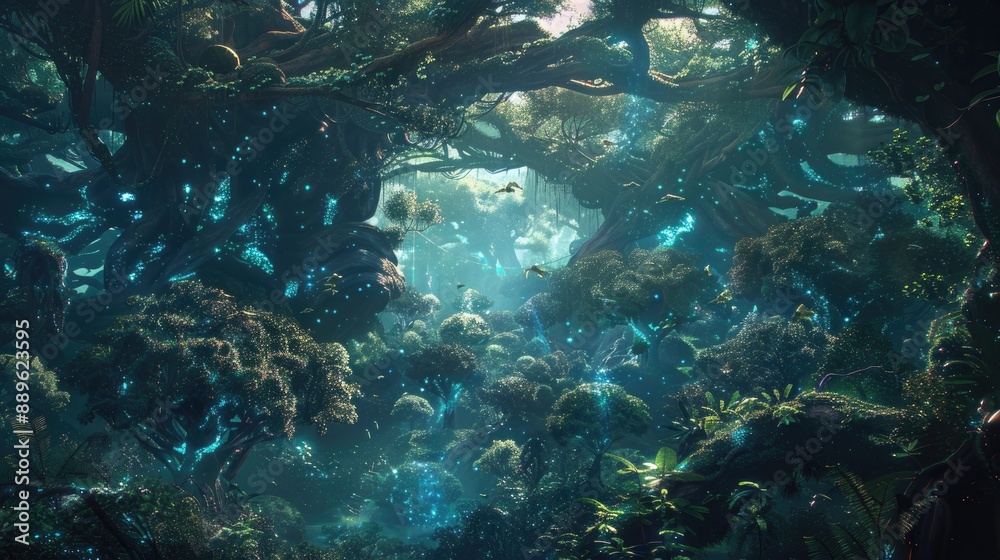 Fototapeta premium A dense, otherworldly forest with enormous trees and bioluminescent creatures.