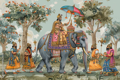 Mughal emperor riding an adorned elephant in a procession, painted on a wall. Indian miniature painting from Udaipur.
