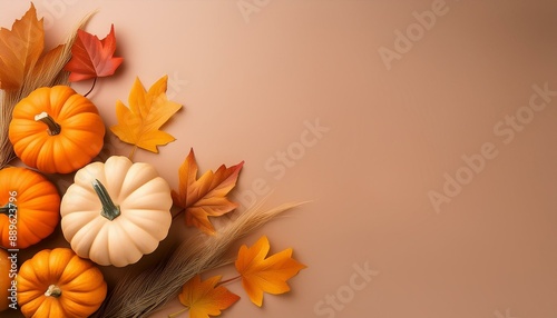 Autumn simple background with a pumpkins and fall leaves. AI generated