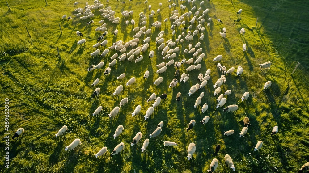 Wide aerial view capturing an expansive flock of sheep grazing in an open grassy field, illustrating the vastness and vitality of pastoral environments. Wide aerial view capturing an expansive flock of sheep grazing in an open grassy field, illustrating the vastness and vitality of pastoral environments.