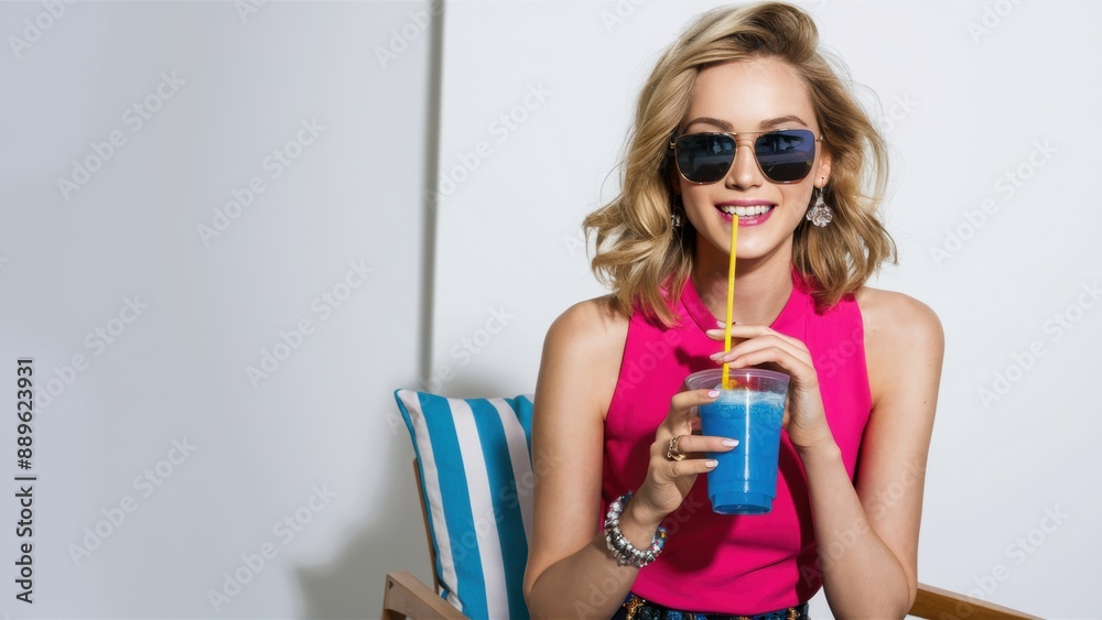 Obraz premium A woman in a pink shirt drinking from a straw, AI