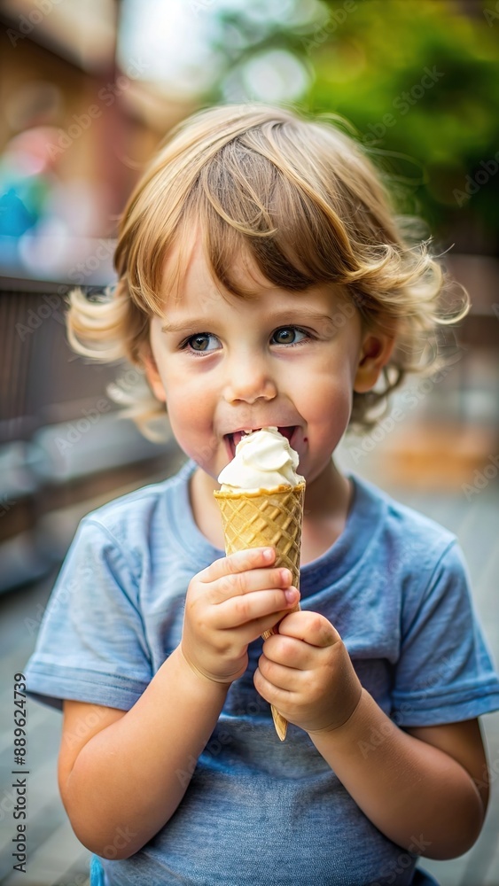 Baby boy kid hold strawberry ice cream in waffles cone isolated on background with free text copy space Baby boy kid hold strawberry ice cream in waffles cone isolated on background with free text copy space