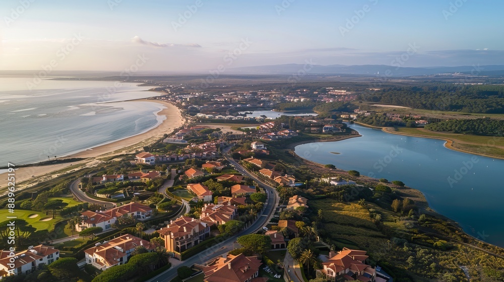 Fototapeta premium An aerial view captures a seaside town featuring modern homes, tranquil beaches, and lush surroundings, offering a serene and picturesque coastal setting.