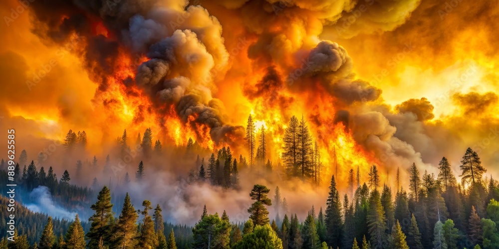 Fototapeta premium Forest Fire Inferno A Wall of Flames and Smoke, Fire, Smoke, Wildfire, Nature