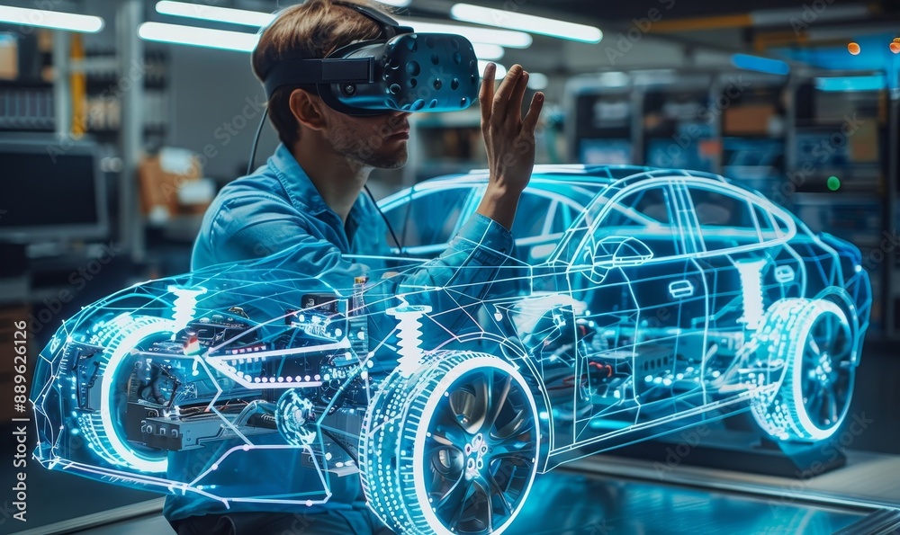 Automotive Engineer Wearing VR Headset Working on 3D Electric Car Prototype, Using Gestures in Augmented Reality. Manipulates Graphical Parts, Picks Body for the Chassis and Powerful, Generative AI Automotive Engineer Wearing VR Headset Working on 3D Electric Car Prototype, Using Gestures in Augmented Reality. Manipulates Graphical Parts, Picks Body for the Chassis and Powerful, Generative AI