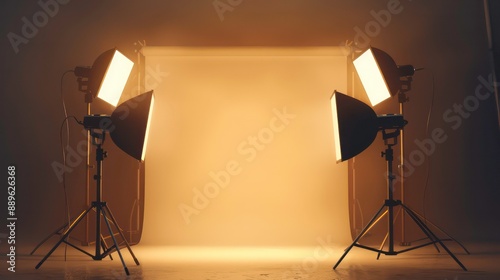 photo studio lighting setup that includes spotlights and a white blank background with warm yellow illumination.