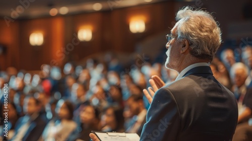 Back View Of Biopharma CEO Gesturing And Presenting To Audience of Diverse Industry Leaders. Male And Female Attendees Listening To Presentation About, Generative AI