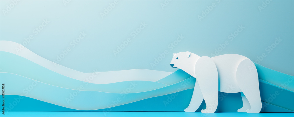 Fototapeta premium Abstract illustration of polar bear in wilderness as an applique cutting from paper. Animal in natural conditions.