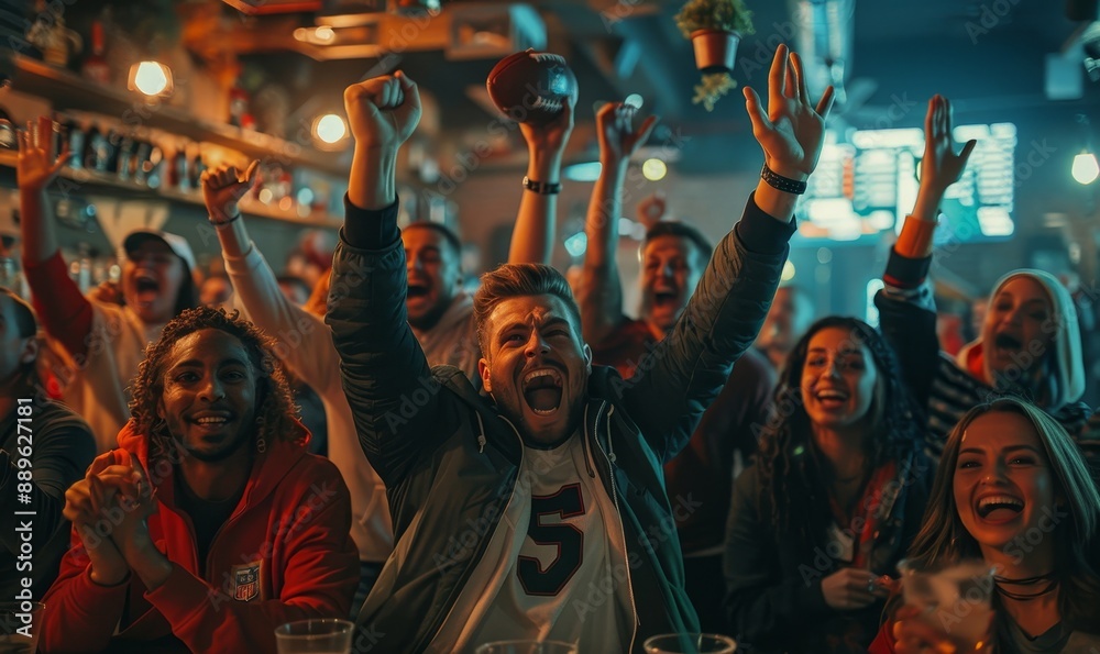 Group of American Football Fans Watching a Live Match Broadcast in a Sports Pub on TV. People Cheering, Supporting Their Team. Crowd Goes Ecstatic When Team Scores a Goal and Wins the, Generative AI Group of American Football Fans Watching a Live Match Broadcast in a Sports Pub on TV. People Cheering, Supporting Their Team. Crowd Goes Ecstatic When Team Scores a Goal and Wins the, Generative AI