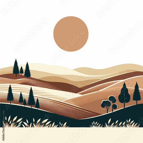 vector of landscape with rolling hill and trees  mountains and clouds