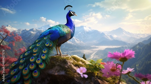 Peacock on the mountains in the spring . photo