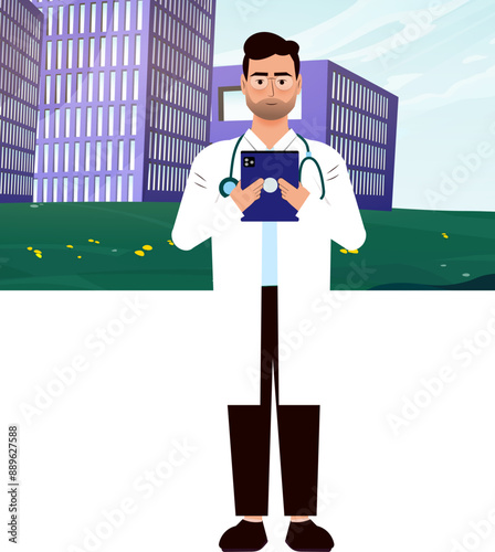 Vector of a male doctor holding a tablet in front of a hospital, symbolizing modern medical technology and patient care.

