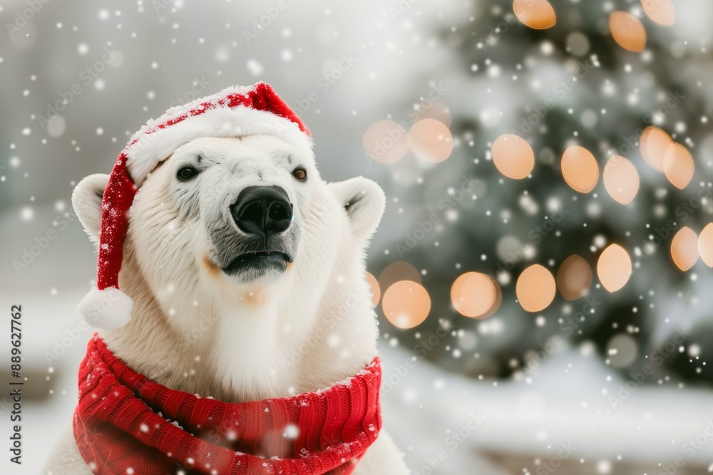 real polar bear wearing a red scarf and Santa's hat with snowy christmas tree in the background, festive real polar bear wearing a red scarf and Santa's hat with snowy christmas tree in the background, festive