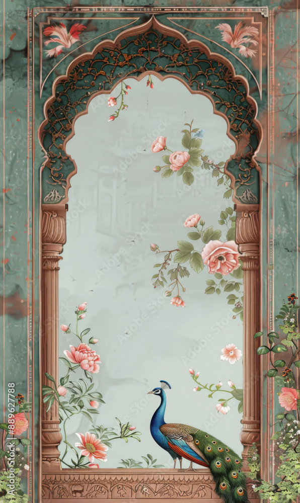 Mughal garden with arch, peacock, palace, tree illustration for wedding invitation