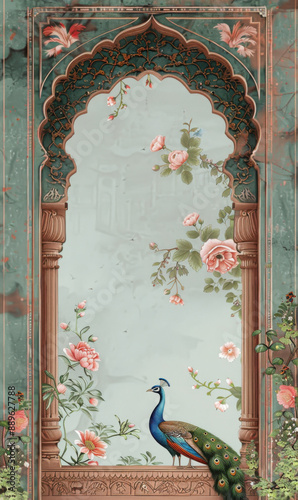 Obraz na płótnie Mughal garden with arch, peacock, palace, tree illustration for wedding invitation
w salonie